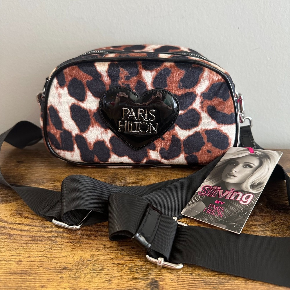 New Paris Hilton PH Leopard Heart Bowler Camera Crossbody Handbag Black Brown